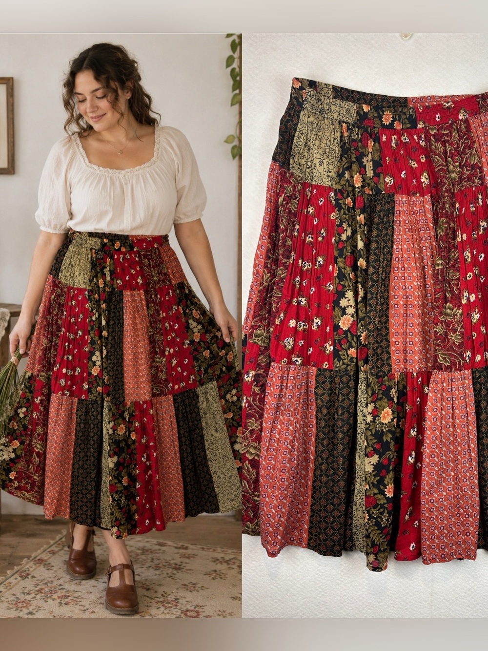 SAG HARBOR Patchwork Midi Skirt Women’s Large Boho Cottagecore Peasant Cotton